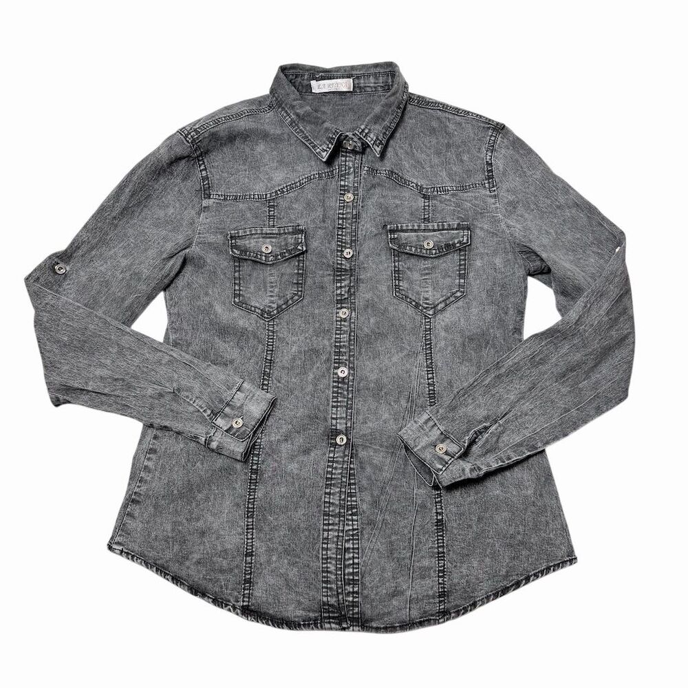 la reyna Women's M Black Denim Button-Up Shirt Long Sleeve Casual